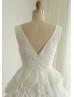 V Neckline Ivory Taffeta Ruffle Skirt Knee Length Wedding Dress